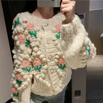 Mi Abrikos Håndlavet Lille Blomst Kvinder Sweater 2021 Efteråret Nye koreanske Version Løs Vilde Damer Strikket Cardigan Jakke Kvinder 0