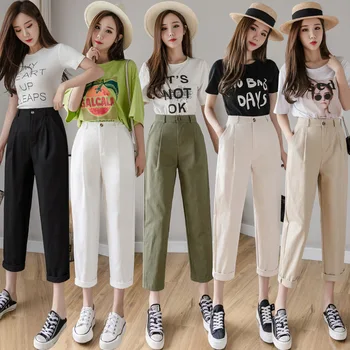 Midt i Taljen Casual Bukser Kvinder Lige Løs Kvinders koreanske Slank Harem bukser Plus Size Ni Bukser Mode Overalls Lynlås Knapper 3