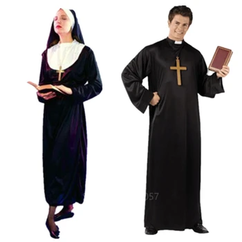 Missionær Cosplay Kostumer til Voksen, Halloween, Karneval Præst Nun Lange Klæder Religiøse Fromme Katolske Kirke Vintage Tøj 0