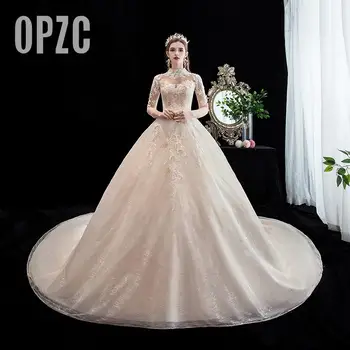 Mode Elegant Høj Hals Luksus Lace Muslimske Bryllup Kjole 2020 Ny Champagne lange tog Applique prinsesse Brud Robe De Mariee 5