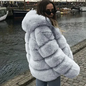 Mode Faux Fur Frakke Med Hætte Mode, varm, Løs Sort Hvid Grå Imiteret Pels Jakke med Lange Ærmer Winter Plus Size Kvinder 8283
