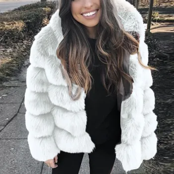 Mode Faux Fur Frakke Med Hætte Mode, varm, Løs Sort Hvid Grå Imiteret Pels Jakke med Lange Ærmer Winter Plus Size Kvinder 2