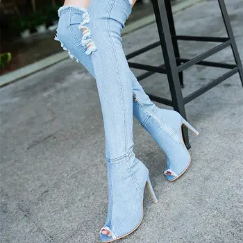 Mode hul jeans sexy høje støvler kvinder sko 2021 høj hæl over knæ stræk kvinder støvler åben tå denim låret sko kvinde