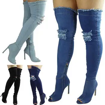 Mode hul jeans sexy høje støvler kvinder sko 2021 høj hæl over knæ stræk kvinder støvler åben tå denim låret sko kvinde 1