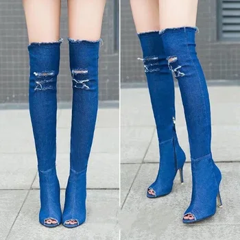 Mode hul jeans sexy høje støvler kvinder sko 2021 høj hæl over knæ stræk kvinder støvler åben tå denim låret sko kvinde 3