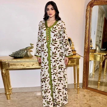 Mode Muslimske arabisk Kjole til Kvinder 2020 Bånd V-Hals Lange Ærmer Blade Print Marokkanske Kaftan Duabi Tøj Grøn 4