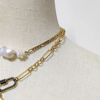 Mode punk guld-farve kæde naturlige ferskvands perle kreativ syning for kvinder dobbelt vedhæng hals tilbehør 2020 5