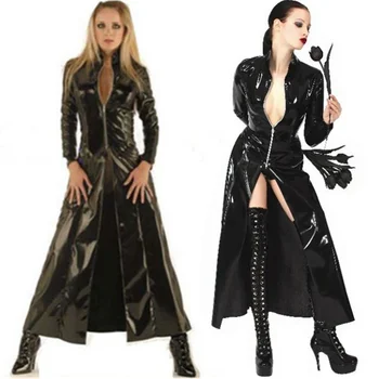 Mode sexet plus size vinyl clubwear balck pvc imiteret læder lange ærmer gotiske lang frakke for mænd, kvinder PU læder trench coat 5656
