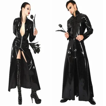 Mode sexet plus size vinyl clubwear balck pvc imiteret læder lange ærmer gotiske lang frakke for mænd, kvinder PU læder trench coat 4