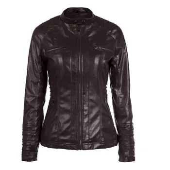 Motorcykel jakke kvinder lynlås lag skrue Ned Collor damer overtøj imiteret læder PU kvindelige jakke frakke XS-7XL 4
