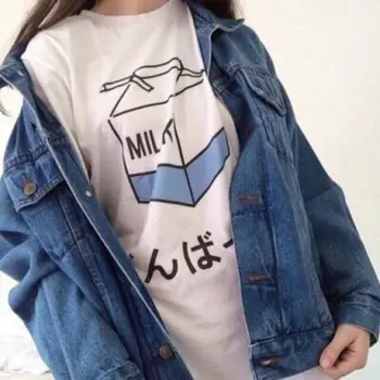 Mælk, Juice Japanses Æstetiske Grunge Søde Tegneserie T-shirt Kvinder Harajuku Kawaii Pink Sommeren Afslappet Tumblr Tøj Fashion T-shirt 4