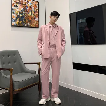 Mænd 3 Stykker Sæt (jakke+trøje+bukser) Mandlige Kvinder Vintage Fashion Streetwear Hiphop Løs Casual Pink Suit Blazer Jakke 0