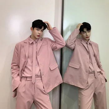 Mænd 3 Stykker Sæt (jakke+trøje+bukser) Mandlige Kvinder Vintage Fashion Streetwear Hiphop Løs Casual Pink Suit Blazer Jakke 1