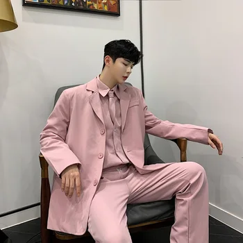 Mænd 3 Stykker Sæt (jakke+trøje+bukser) Mandlige Kvinder Vintage Fashion Streetwear Hiphop Løs Casual Pink Suit Blazer Jakke 2