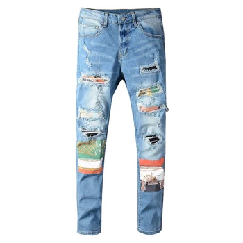 Mænd er Trykt Patch Design Patchwork Slanke Skinny Jeans Streetwear Huller Rippet Stretch Denim Bukser 1