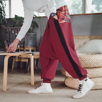 Mænd Kinesisk Stil Trykt Cross Bukser Herre 2020 Bred Ben Løse Bukser Mandlige Oversize Japan Harem Bukser Streetwear 2