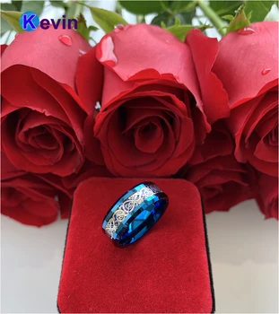 Mænd Kvinder Bryllup Band Blue Wolfram Ring Med Blå Carbon Fiber Og Dragon Indlæg 8MM Comfort Fit 1