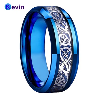 Mænd Kvinder Bryllup Band Blue Wolfram Ring Med Blå Carbon Fiber Og Dragon Indlæg 8MM Comfort Fit 4