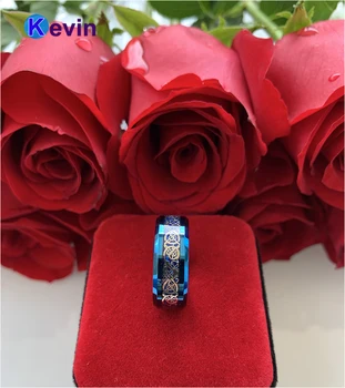 Mænd Kvinder Bryllup Band Blue Wolfram Ring Med Blå Carbon Fiber Og Dragon Indlæg 8MM Comfort Fit 5