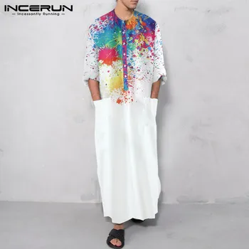 Mænd Muslimske Gevandter, Tie Dye Print Jubba Thobe Dubai Islamiske arabiske Kaftan med Lange Ærmer O Hals Mode-Knappen for Mænd Tøj 5XL INCERUN 0