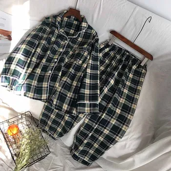 Mænd Og Kvinder Elskere Pyjamas Sæt Enkle Stil Ternet Cardigan+Bukser Par Løse Nattøj Komfort Bomuld Homewear Til Efteråret 0