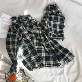 Mænd Og Kvinder Elskere Pyjamas Sæt Enkle Stil Ternet Cardigan+Bukser Par Løse Nattøj Komfort Bomuld Homewear Til Efteråret 2