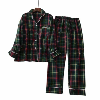 Mænd Og Kvinder Elskere Pyjamas Sæt Enkle Stil Ternet Cardigan+Bukser Par Løse Nattøj Komfort Bomuld Homewear Til Efteråret 4
