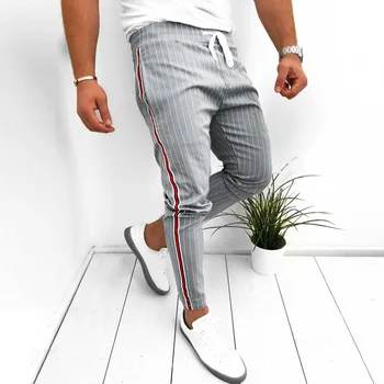 Mænd ' s stribet business bukser, straight straight retro syning Streetwear plus size bukser Mandlige elastik snøre bukser 1