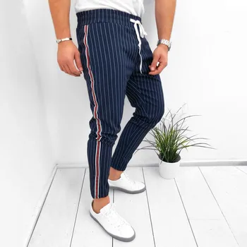 Mænd ' s stribet business bukser, straight straight retro syning Streetwear plus size bukser Mandlige elastik snøre bukser 2