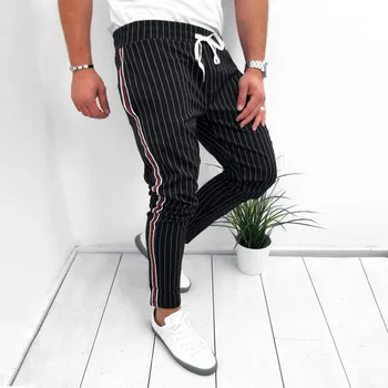 Mænd ' s stribet business bukser, straight straight retro syning Streetwear plus size bukser Mandlige elastik snøre bukser 4