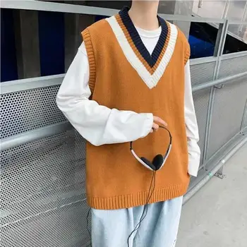 Mænd Sweater Vest Med V-Hals Udskrive Enkle Design Hanner Fritid Smarte Løs Trendy Studerende Street Outwear Koreansk Stil Strikket Mode 4