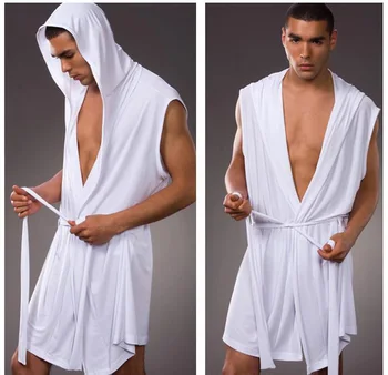 Mænds klæder behagelig afslappet badekåber ærmeløs Viscose sexet Hætteklædte robe homewear herre sexet nattøj lounge tøj 1