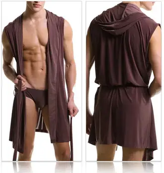 Mænds klæder behagelig afslappet badekåber ærmeløs Viscose sexet Hætteklædte robe homewear herre sexet nattøj lounge tøj 2