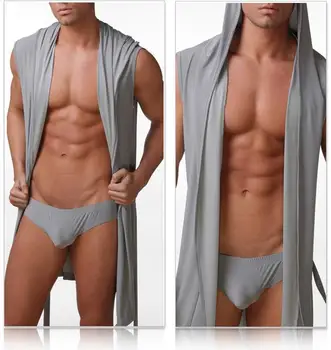 Mænds klæder behagelig afslappet badekåber ærmeløs Viscose sexet Hætteklædte robe homewear herre sexet nattøj lounge tøj 3