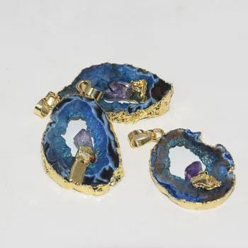 Naturlige Skive Blå Sten vedhæng til smykker at gøre kvinder 2020 Guld Plating Druzy Amulet store Uregelmæssige sten punkt perle hjerte 3