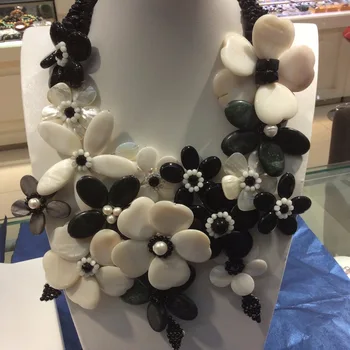 Naturlige StoneBlack Onyx Hvid MOP shell FW pearl choker blomst halskæde til kvinder 1