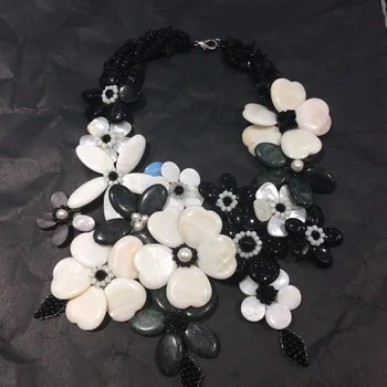 Naturlige StoneBlack Onyx Hvid MOP shell FW pearl choker blomst halskæde til kvinder 2