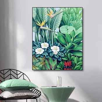 Nordisk Grønne Anlæg Lærred Maleri Plakat Og Print Wall Art Tropisk Plante, Blad Blomst Fugl Billeder Til Stuen Home Decor 3