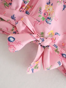 Ny 2020-kvinder v hals blomster print afslappet slank lyserød bluse kvindelige puff ærmer forneden sløjfe bundet kimono shirts smarte blusas toppe LS6634 4