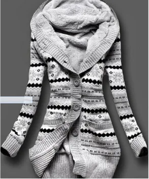 Ny Lang Cardigan Sweater Kvinder Casual Kvinders Sweater Fløjl Tyk Print Hooded Sweater Strikket Sweater Kvinder Træk Femme Hiver 4