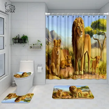 NYAA 4 Stk/Sæt Elefant,Tiger,Flamingo, Løve badeforhæng Badekar Tæppe Sæt Toilet Dække bademåtte Badeværelse Tilbehør Sæt Gardiner 0