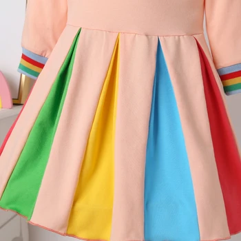 Nye Baby Pige Bomuld Mode Fall Winter Rainbow Lange Ærmer Farve Blok Farverige Party Kjoler til Børn Prinsesse Kids Kjole 2