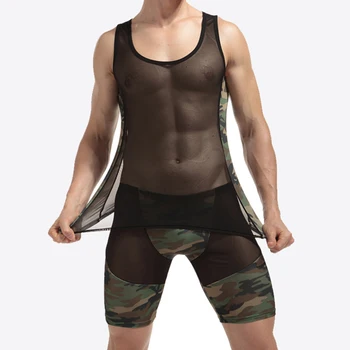 Nye Sexede Mænd ' s Net Mesh Camo Boxer Shorts Mænd Undertøj Sæt, Tank Toppe, Lingeri, Nattøj Sæt Erotisk Fitnesscentre Fitness Træningsdragt 0