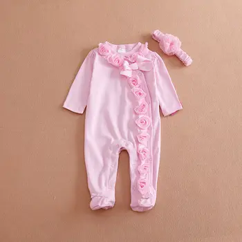 Nyfødte Barn Spædbarn Baby Piger 0-7M Blomster Romper 2pc Lange Ærmer Hovedbøjle Tøj, Udstyr, Sæt Pink 0