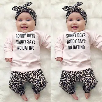 Nyfødte Spædbarn Baby Pige Tøj Brev Top Leopard Bukser Efterår Outfit Søde Børn Sæt 3