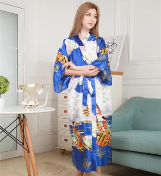 Nyhed Trykt Lang Stil Kvinders Kimono Kjole Vintage Trykt Natkjole Morgenkåbe Satin Nattøj Slåbrok One Size M05 0