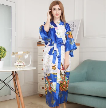 Nyhed Trykt Lang Stil Kvinders Kimono Kjole Vintage Trykt Natkjole Morgenkåbe Satin Nattøj Slåbrok One Size M05 5