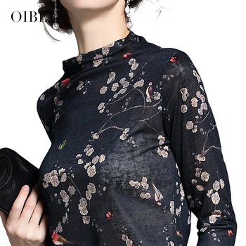 OIBEE2019 Nye Mode Skåret Ud Almindeligt Kvinder Tee Elegant Sort langærmet T-shirt med O-Hals blomsterprint Alle-match Toppe Tee 3