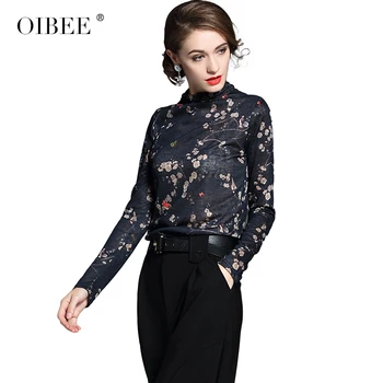 OIBEE2019 Nye Mode Skåret Ud Almindeligt Kvinder Tee Elegant Sort langærmet T-shirt med O-Hals blomsterprint Alle-match Toppe Tee 5
