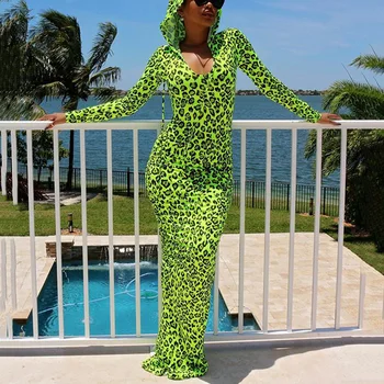 OMSJ 2020 Trendy Dame Grøn Leopard Print Lang Kjole Foråret Efteråret Lange Ærmer U Hals Slim Vestidos Med Hat Party Club Tøj 4